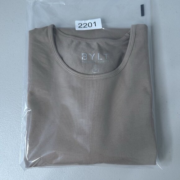 BYLT Premium Basics Drop Cut Lux Short Sleeve Stretch Shirt Medium Fawn Tan - Picture 10 of 10